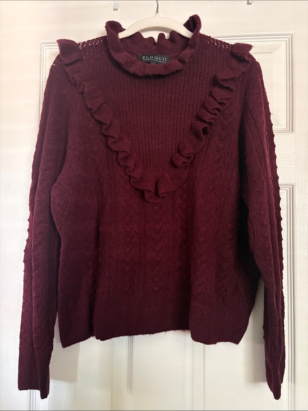 Eloquii Women's Ruffle Detail Cable Knit Sweater - Burgundy